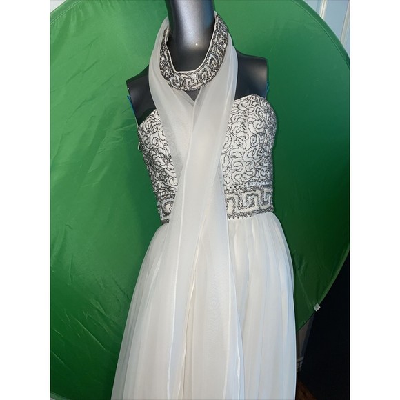 1970’s  Mike Benet Ivory Chiffon  Beaded Sequined Formal Gown Sz 11 W Scarf - Picture 1 of 16